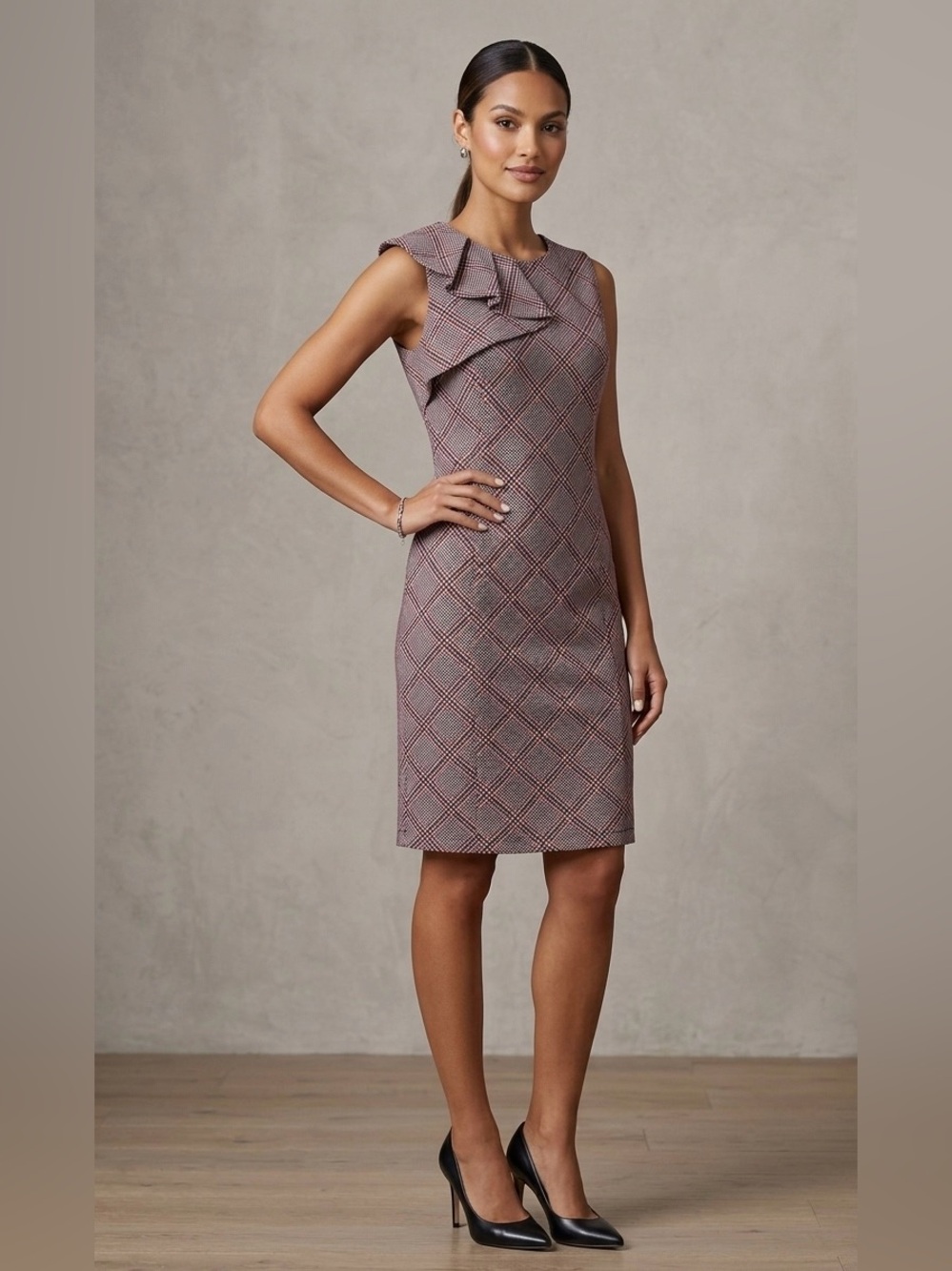 Liz Claiborne Career Plaid Ruffle Neck Sheath Dress Size S